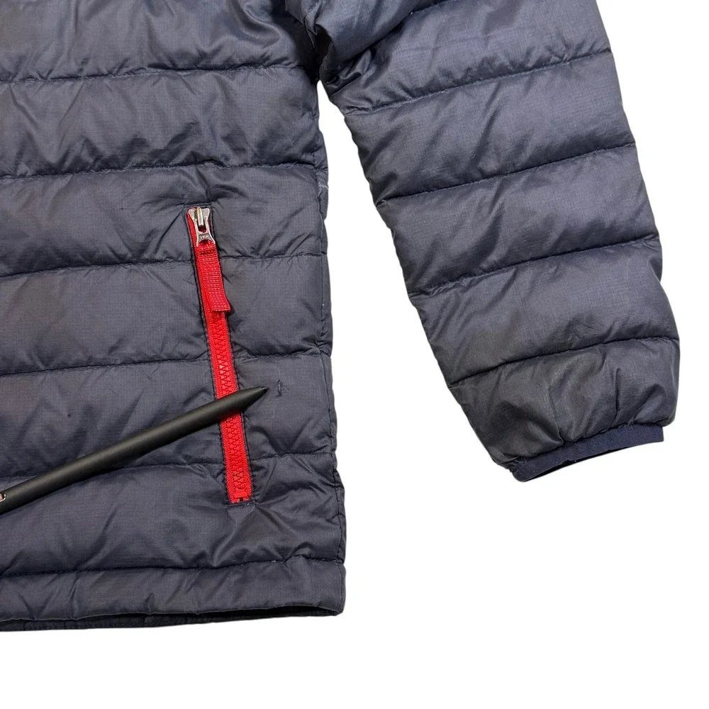 Patagonia Kids Down Sweater Jacket Navy Blue Red Full Zip Puffer Size M 10 Youth